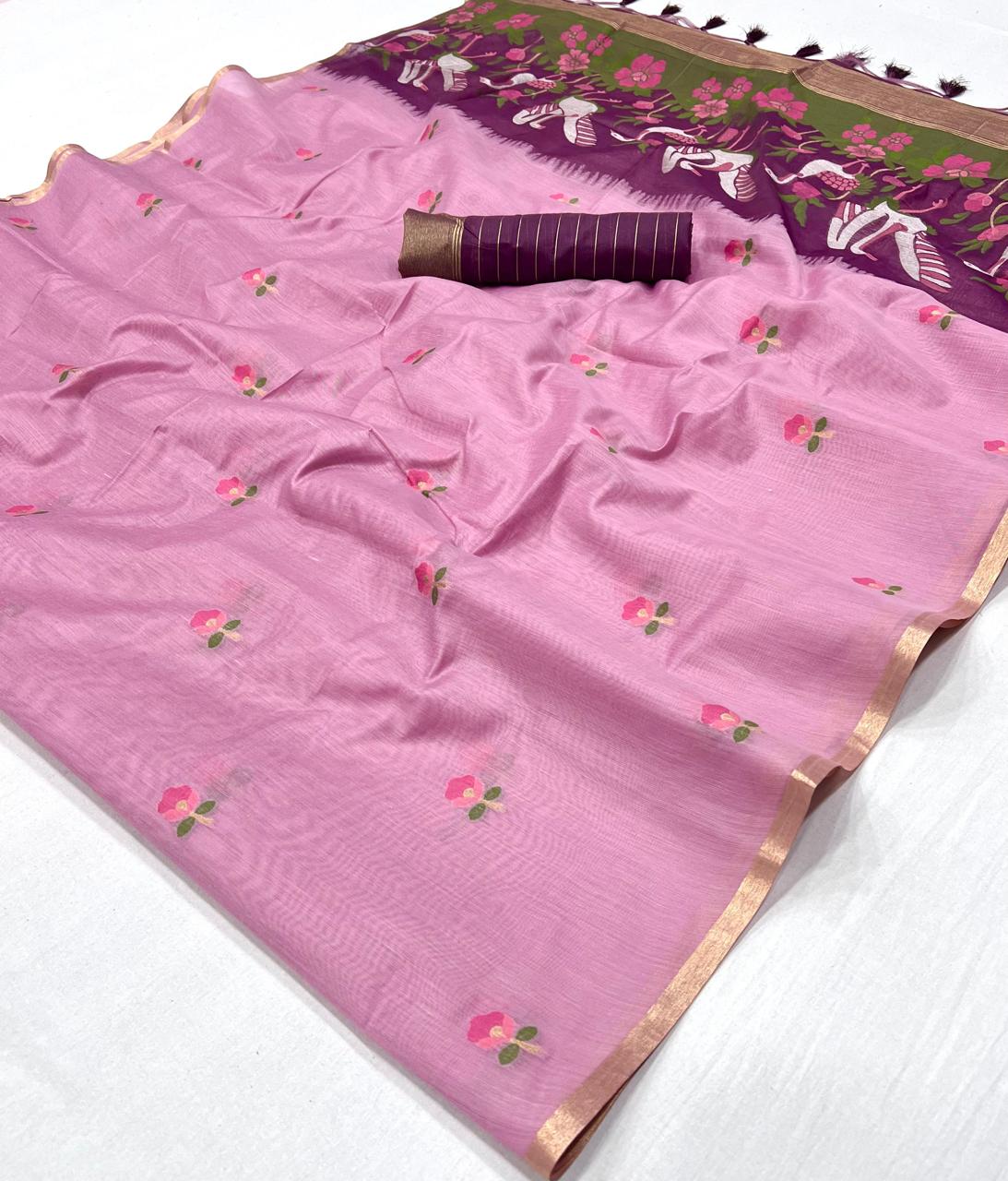 Lavender Pure Soft Cotton Handloom Weaving Cotton Saree 
