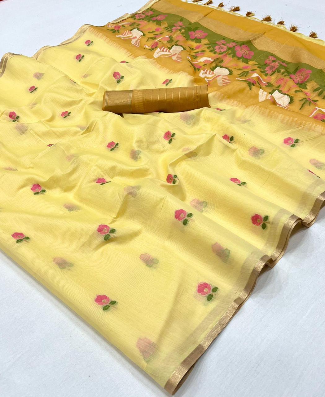 Yellow Pure Soft Cotton Handloom Weaving Cotton Saree 