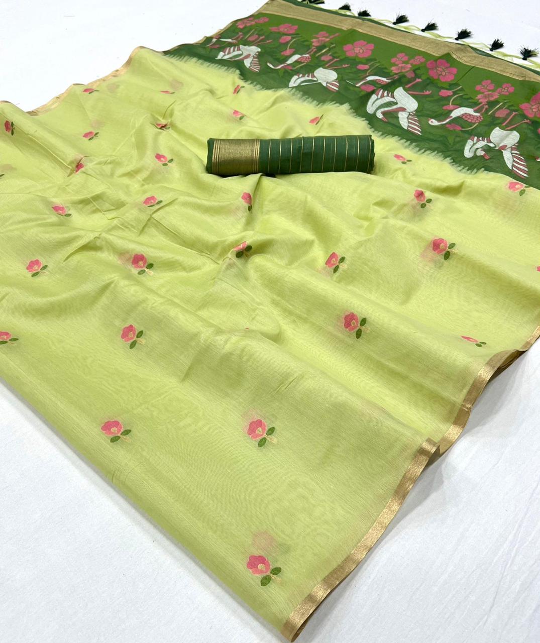 Pista Pure Soft Cotton Handloom Weaving Cotton Saree 