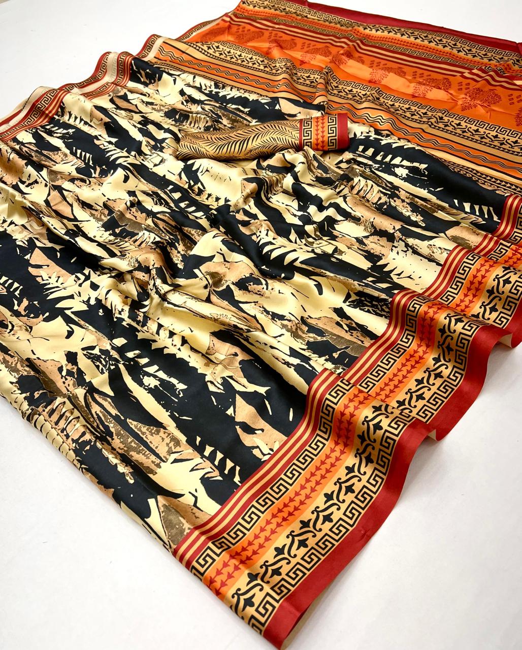 Black Pure Soft Crepe Satin Digital Printed Saree ##color## Japan Satin Saree with premium fabric and embroidery