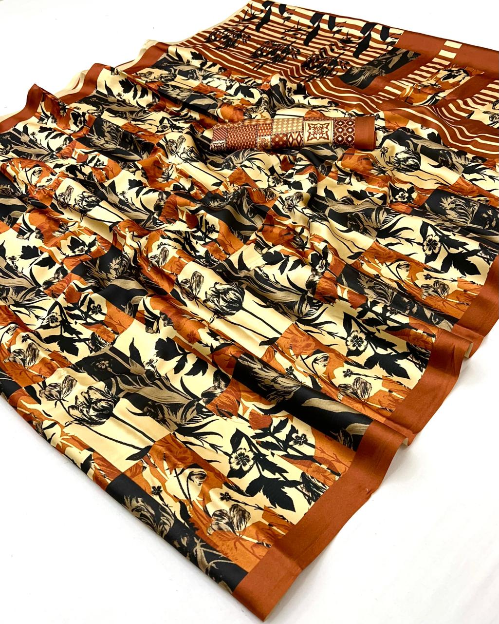 Beige Pure Soft Crepe Satin Digital Printed Saree 