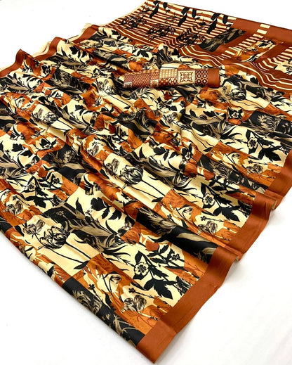 Beige Pure Soft Crepe Satin Digital Printed Saree 