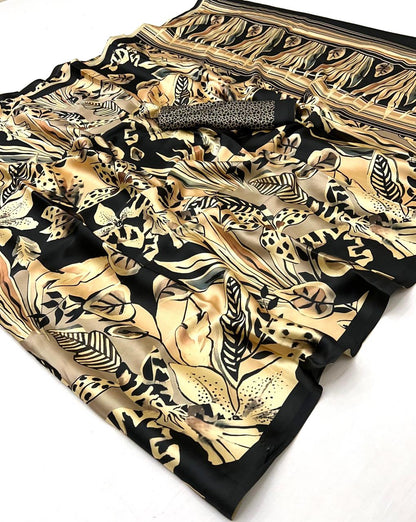 Black Pure Soft Crepe Satin Digital Printed Saree 