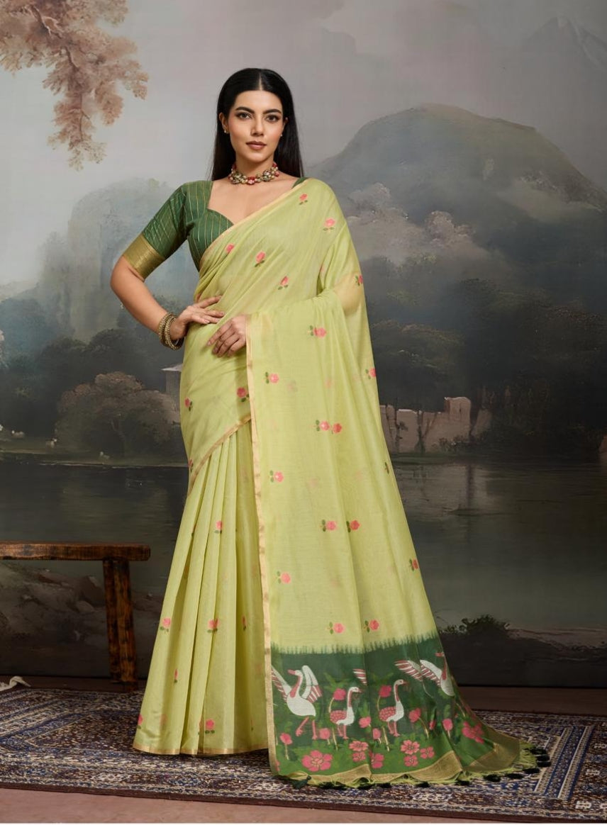 Pista Pure Soft Cotton Handloom Weaving Cotton Saree 