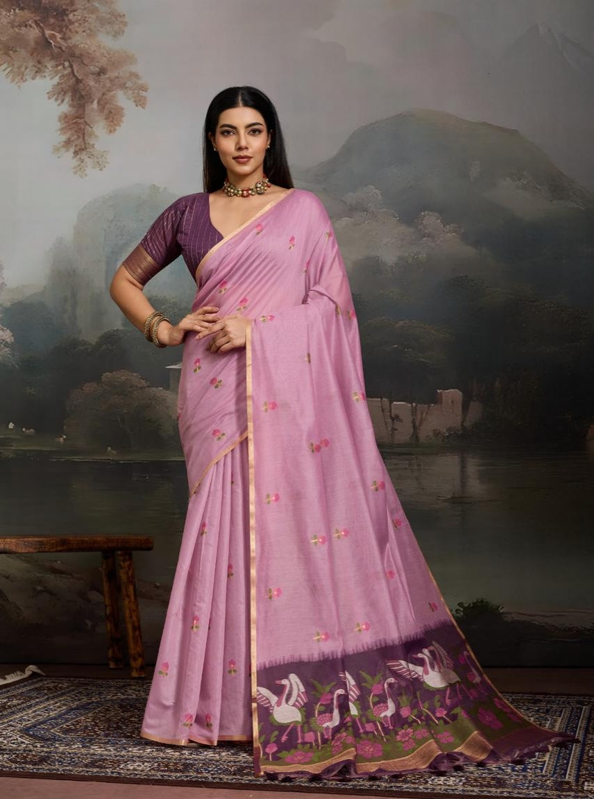 Lavender Pure Soft Cotton Handloom Weaving Cotton Saree 