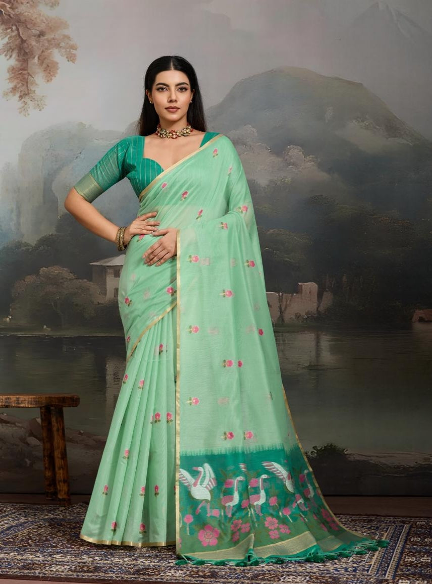 Green Pure Soft Cotton Handloom Weaving Cotton Saree 