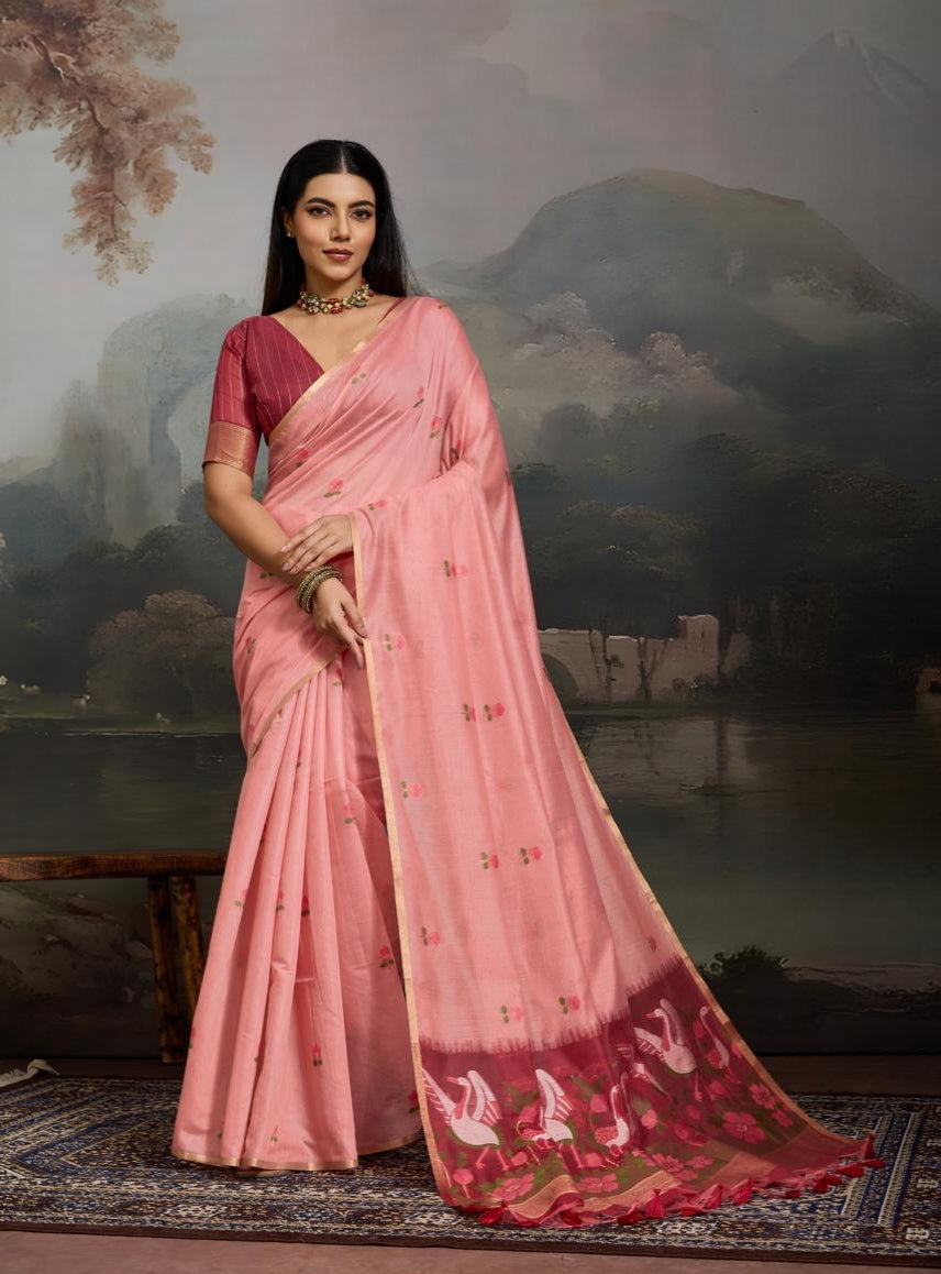 Pink Pure Soft Cotton Handloom Weaving Cotton Saree 
