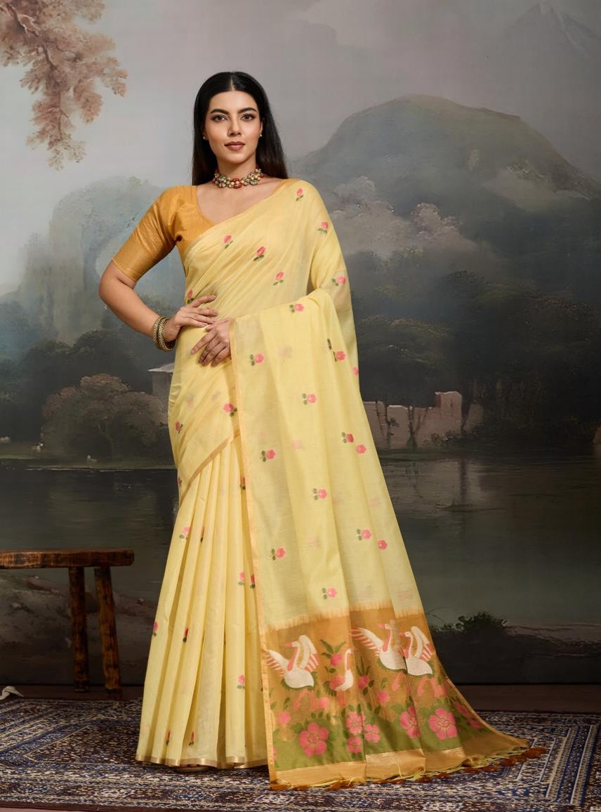 Yellow Pure Soft Cotton Handloom Weaving Cotton Saree 