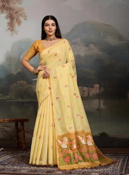 Yellow Pure Soft Cotton Handloom Weaving Cotton Saree 