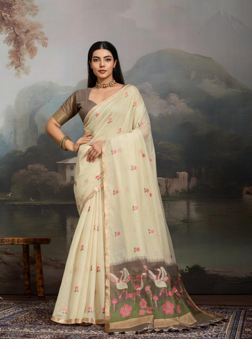 Cream Pure Soft Cotton Handloom Weaving Cotton Saree 