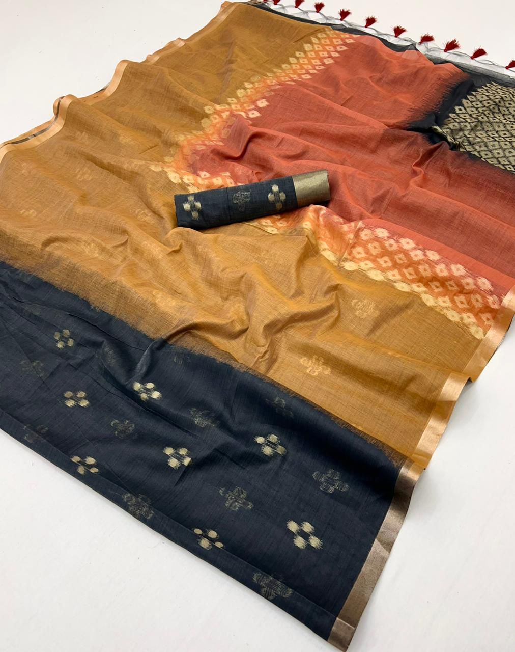 Rust Pure Soft Scarlet Cotton Handloom Viscose Cotton Saree 