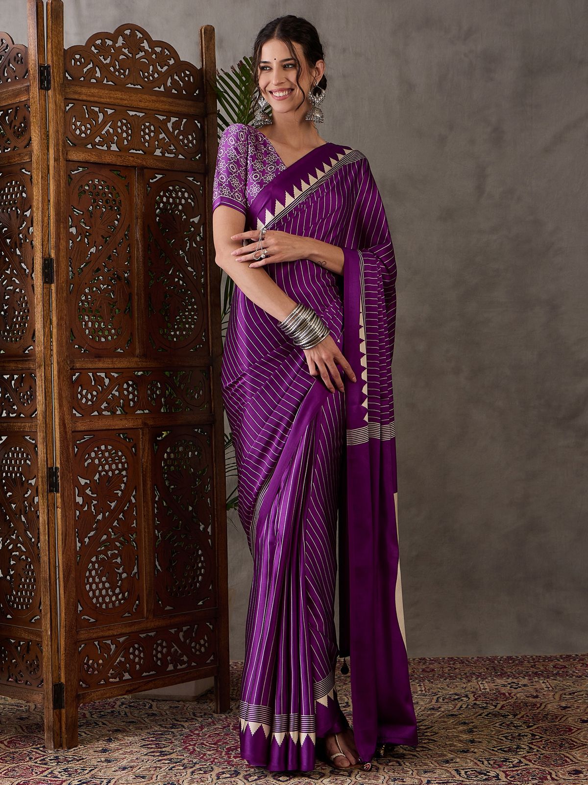 Purple Printed Satin Gaji Silk Saree 