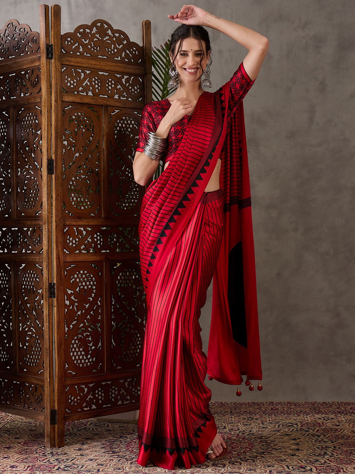 Rose Red Printed Satin Gaji Silk Saree 