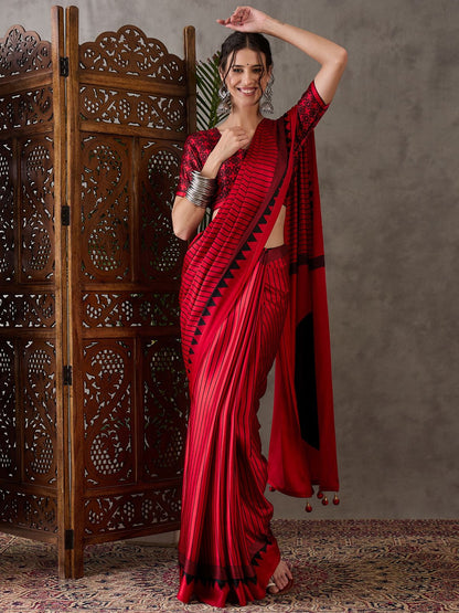 Rose Red Printed Satin Gaji Silk Saree 