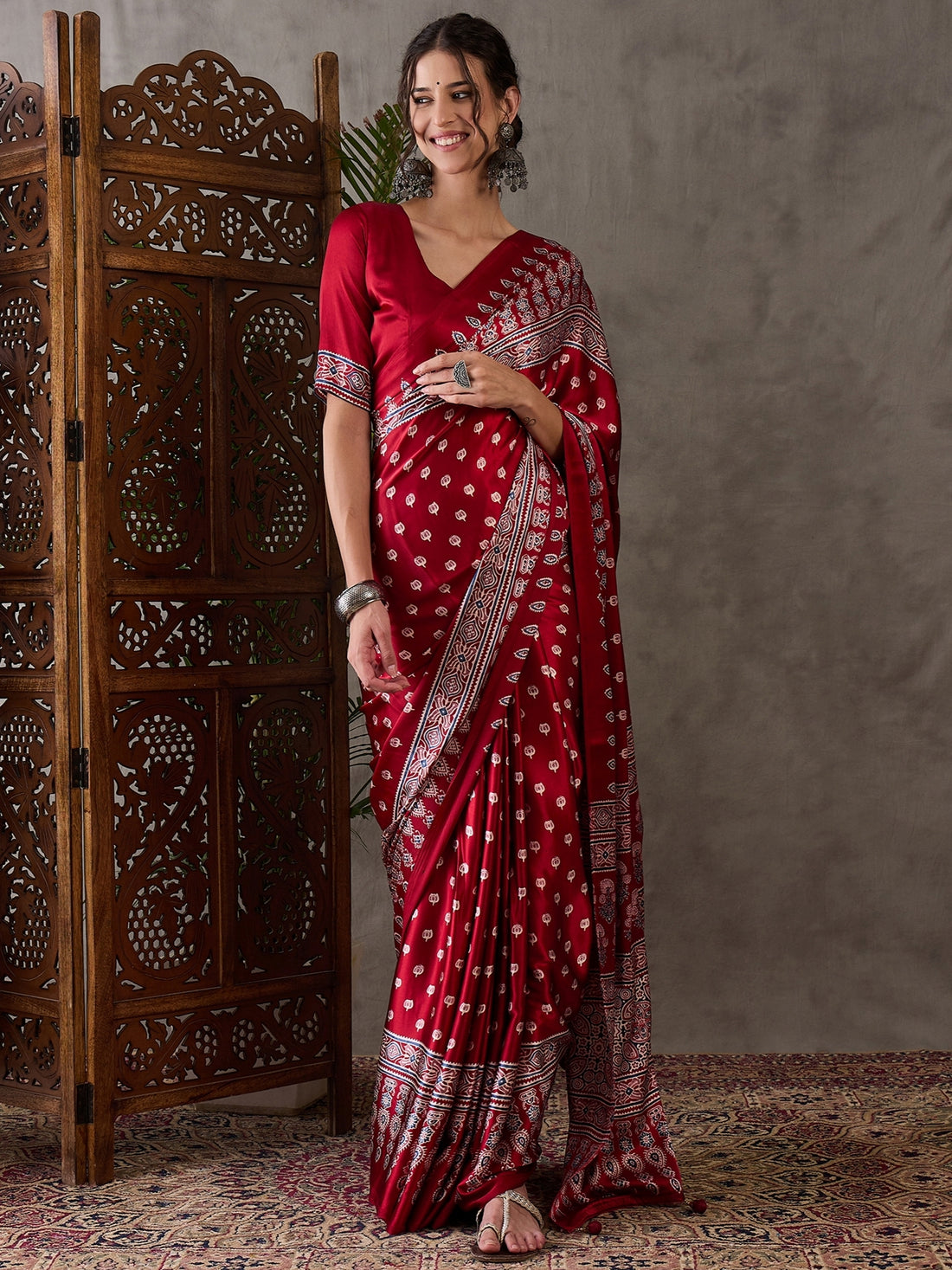 Red Pure Semi Modal Silk Floral Printed Saree 