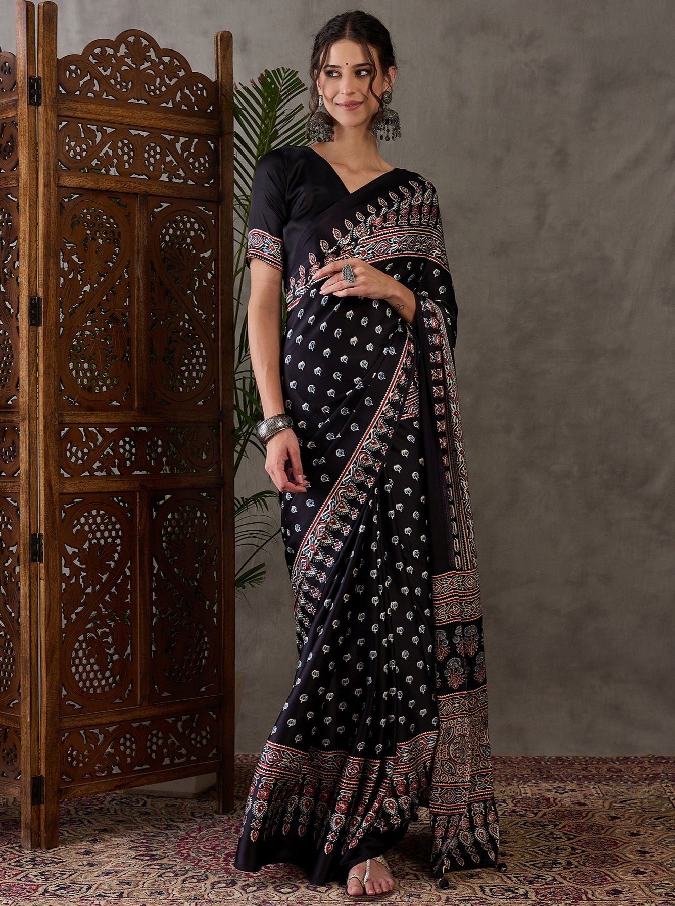 Black Pure Semi Modal Silk Floral Printed Saree 