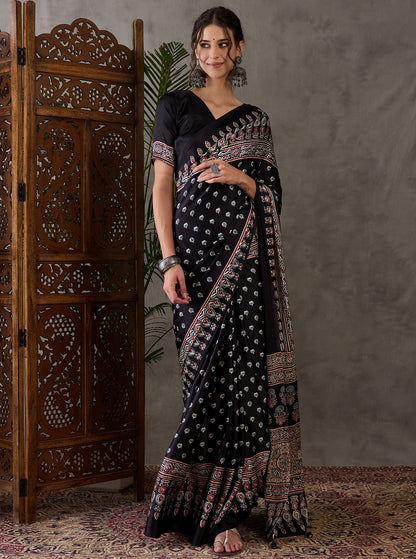 Black Pure Semi Modal Silk Floral Printed Saree 