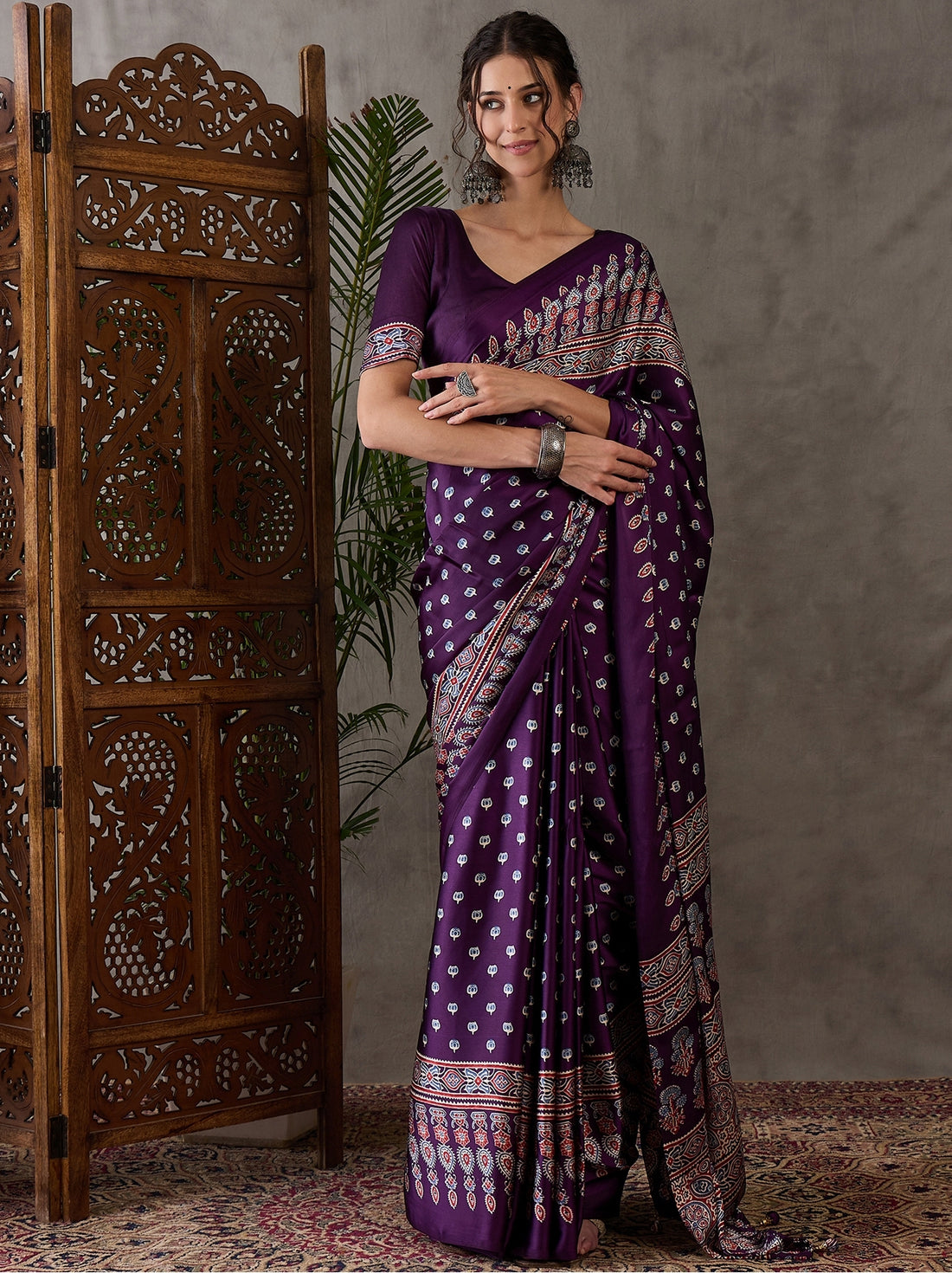 Purple Pure Semi Modal Silk Floral Printed Saree 