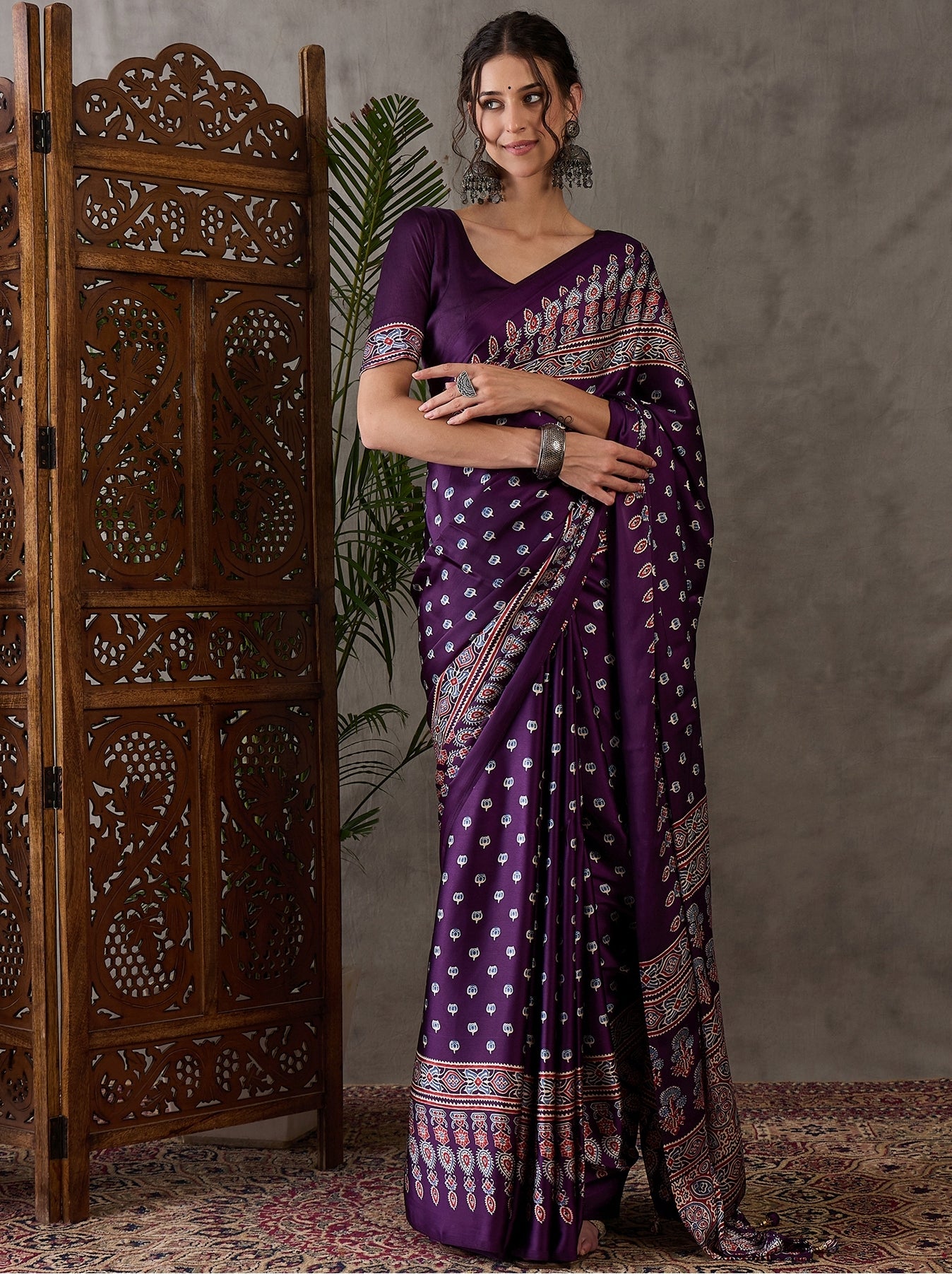 Purple Pure Semi Modal Silk Floral Printed Saree 