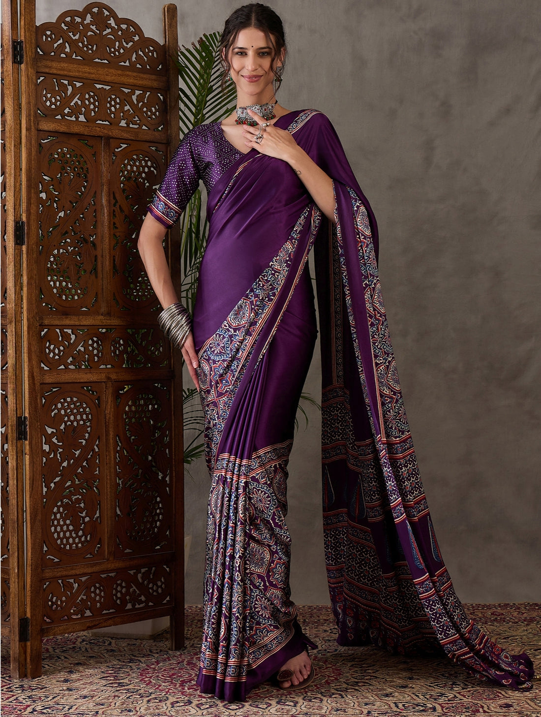 Purple Pure Semi Modal Silk Floral Printed Saree 