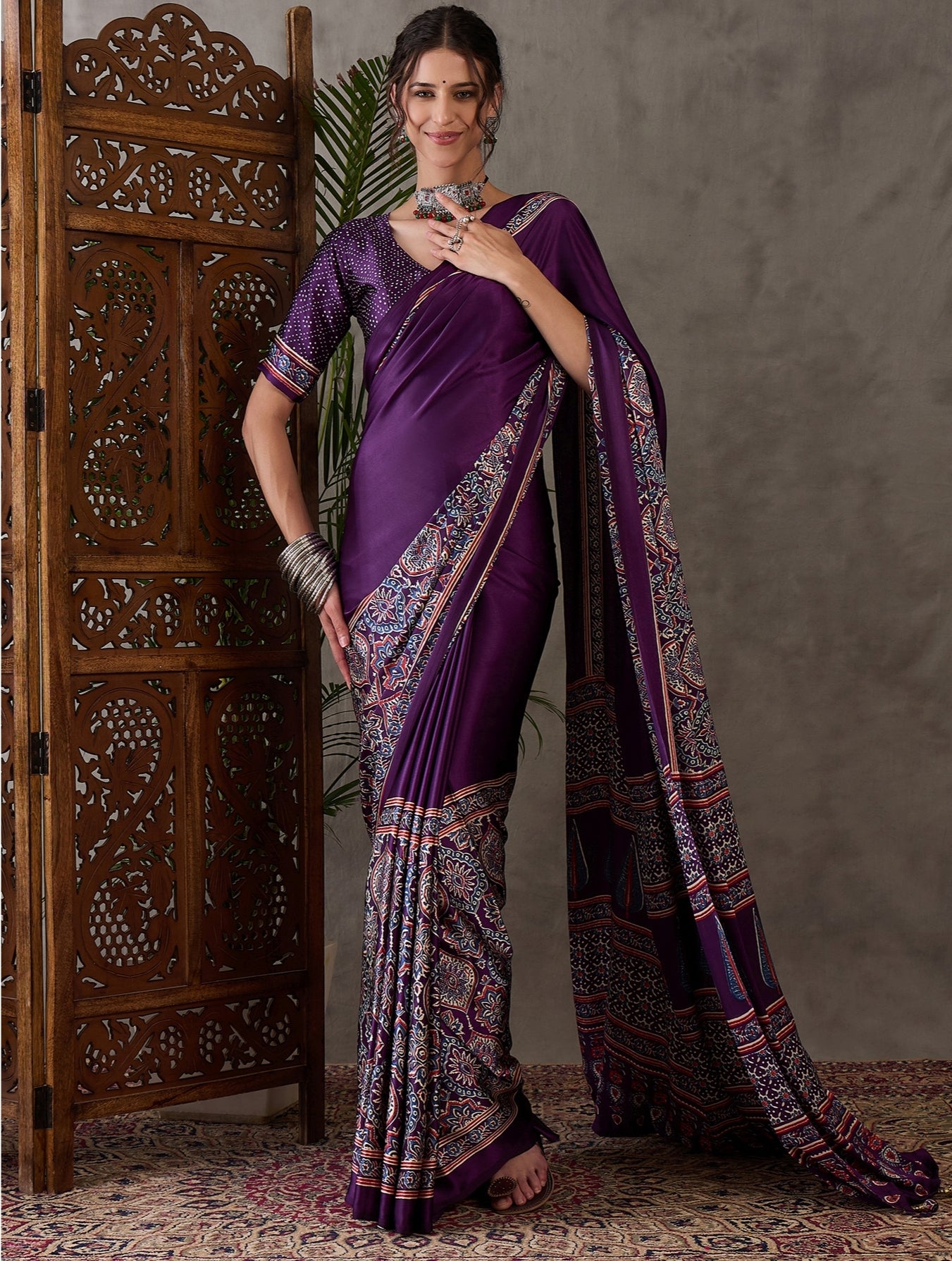 Purple Pure Semi Modal Silk Floral Printed Saree 