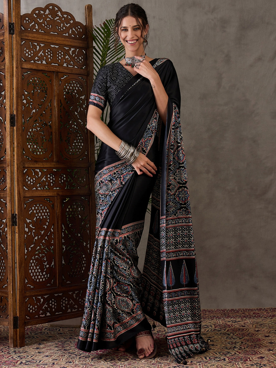 Black Pure Semi Modal Silk Floral Printed Saree 