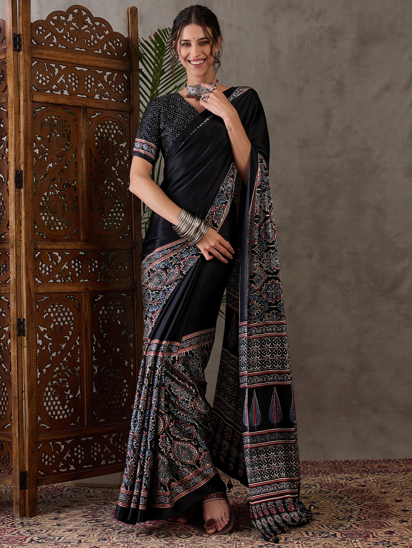Black Pure Semi Modal Silk Floral Printed Saree 