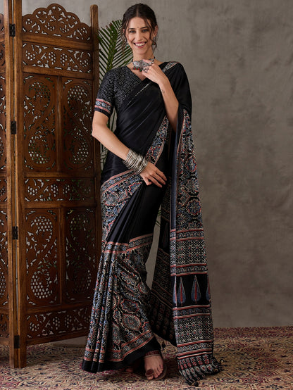 Black Pure Semi Modal Silk Floral Printed Saree 
