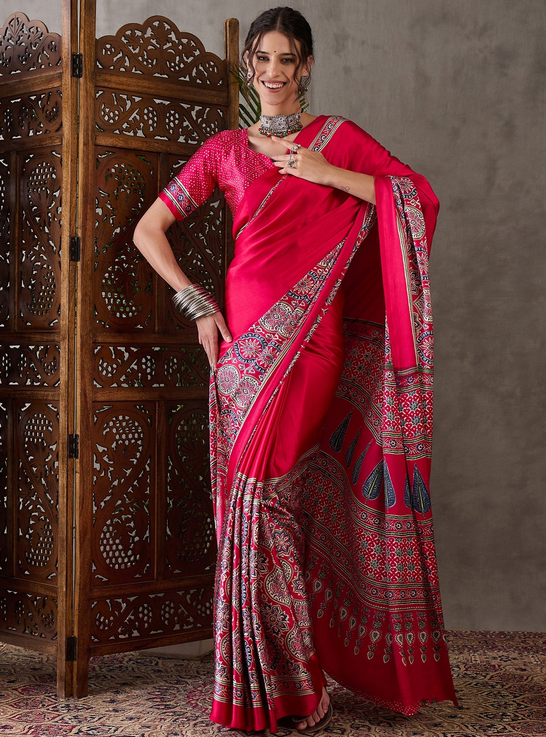 Pink Pure Semi Modal Silk Floral Printed Saree 