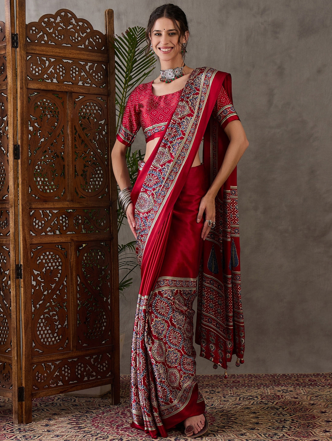 Red Pure Semi Modal Silk Floral Printed Saree 