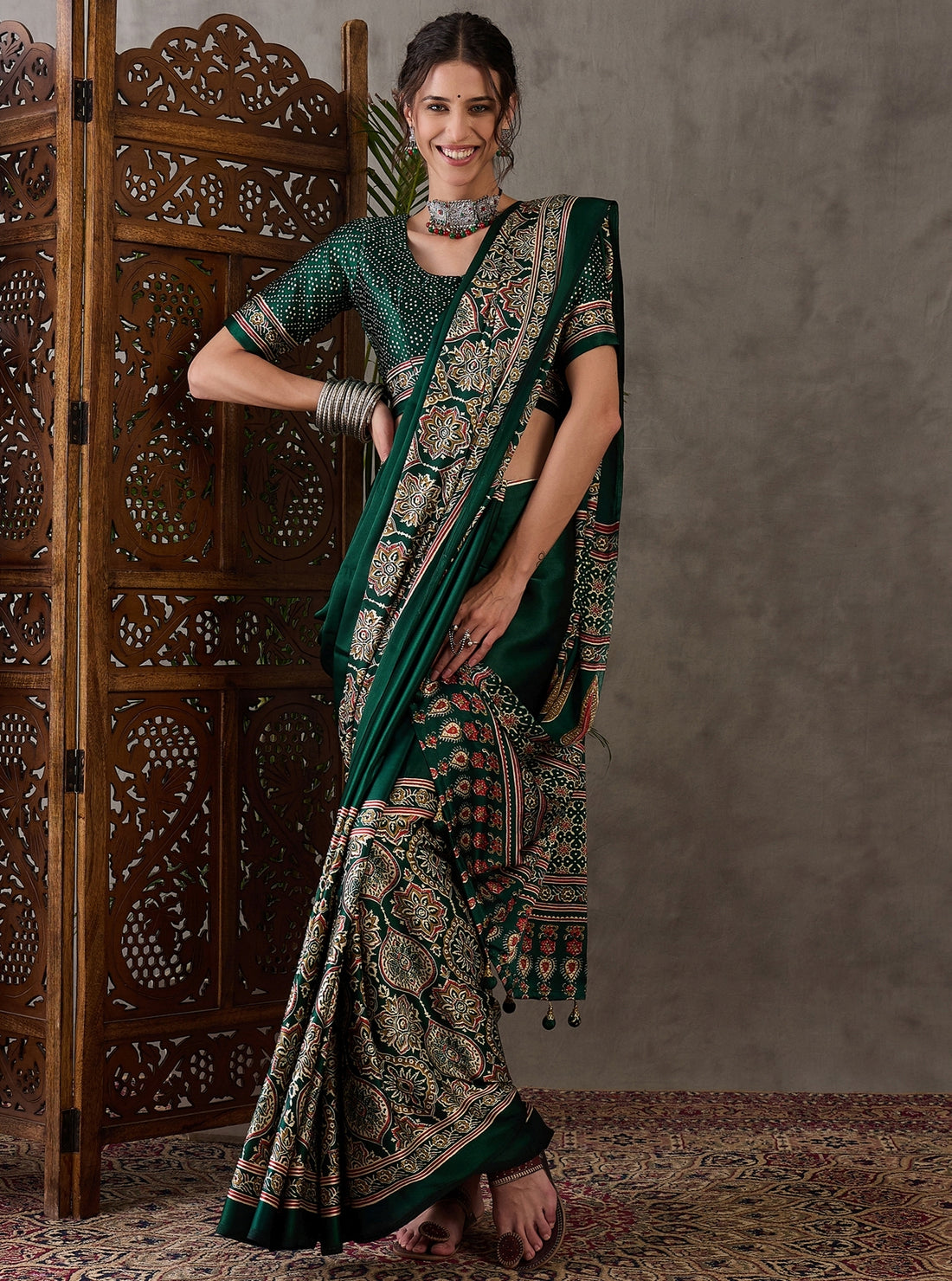 Green Pure Semi Modal Silk Floral Printed Saree 