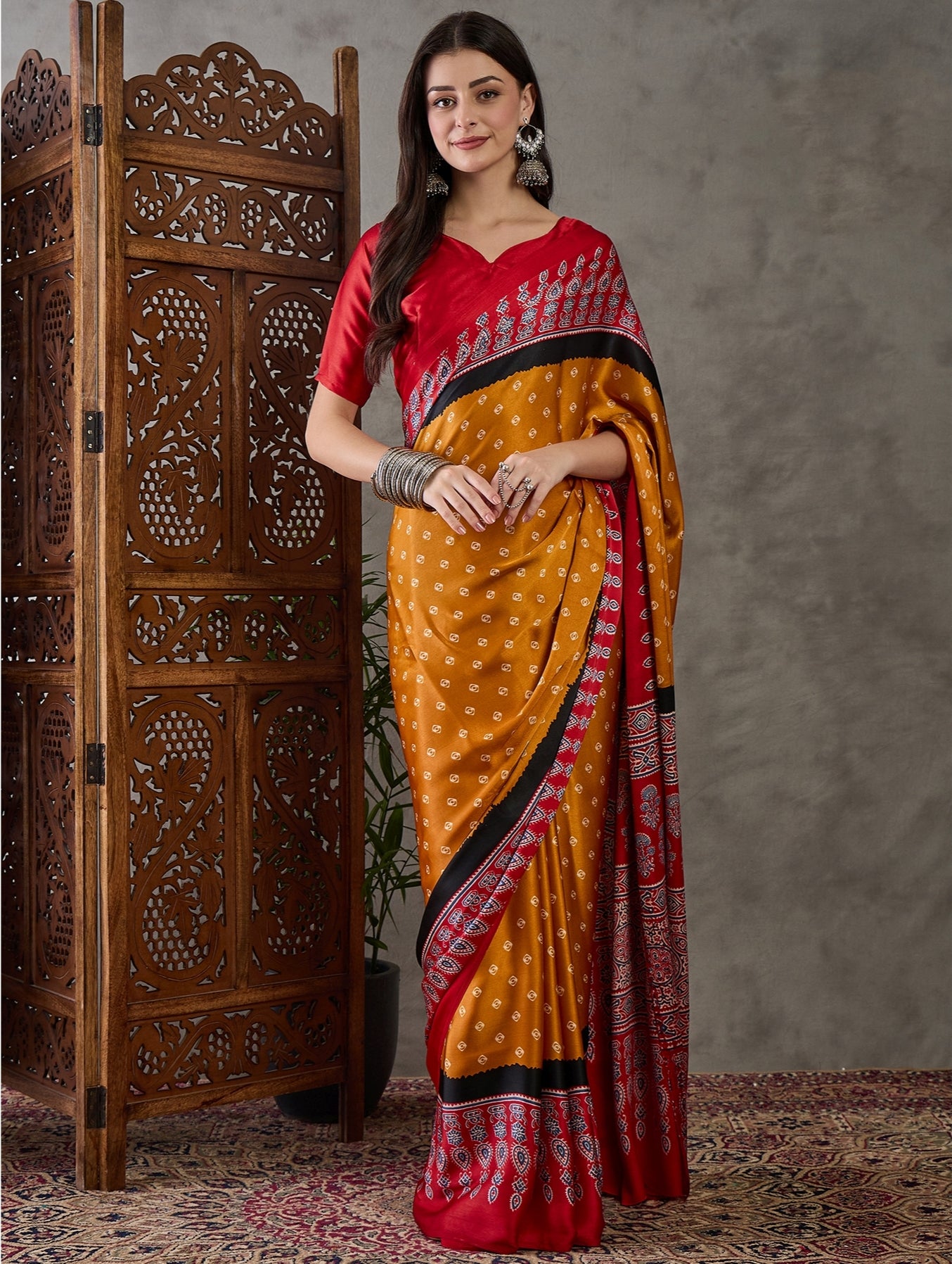 Mustard Pure Semi Modal Silk Ajarkh Printed Saree