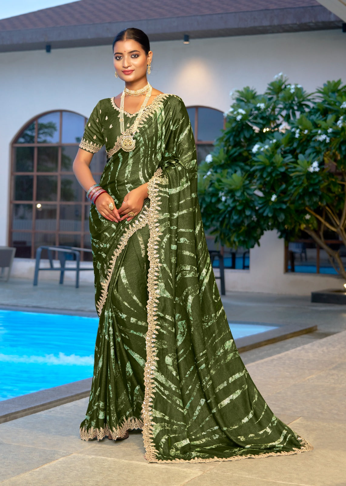 Green Pure Velvet Chiffon With Embroidery Work Chiffon Saree 