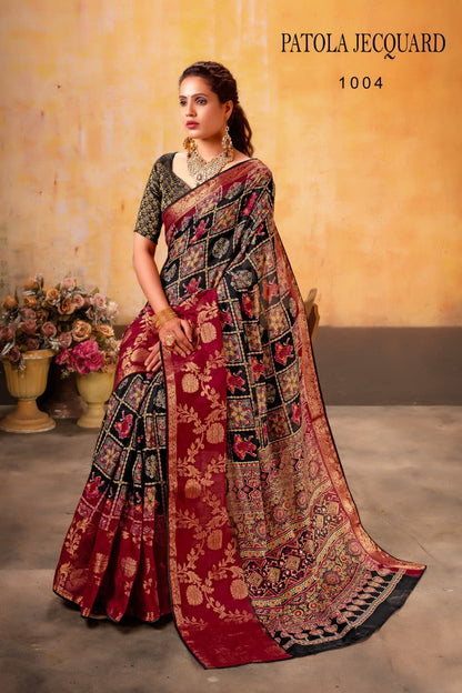 Black Pure Maslin Jeqard Silk Patan Patola Silk Saree 