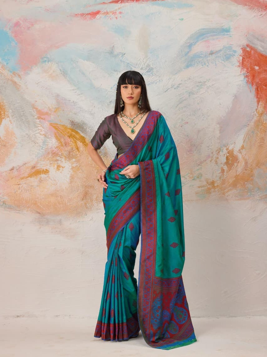 Firozi Jacquard Kanjivaram Silk Saree 