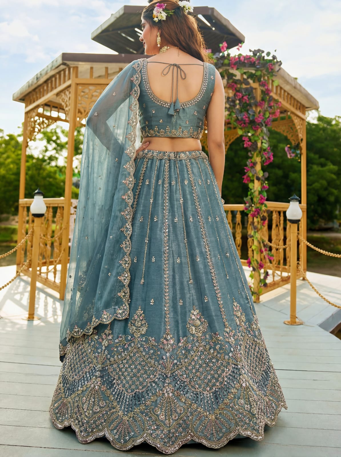 Firozi Pure Soft Net Heavy Embroidery Work Bridal Lehenga