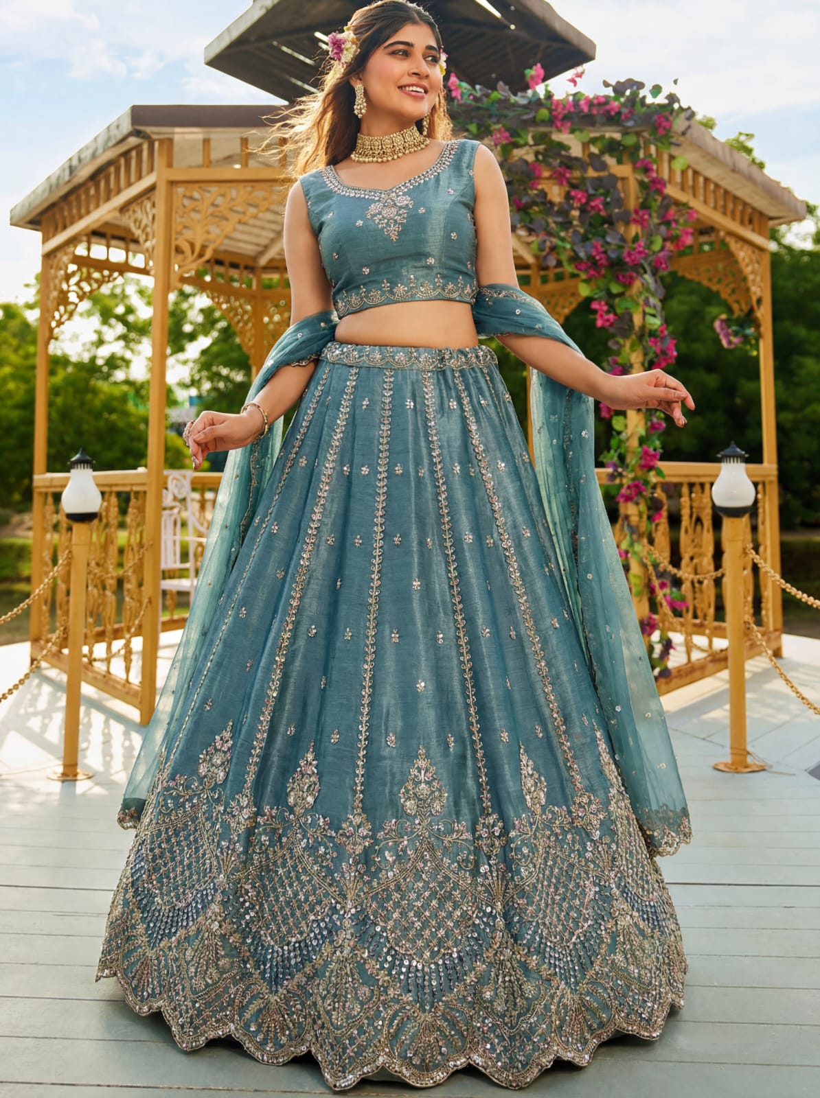 Firozi Pure Soft Net Heavy Embroidery Work Bridal Lehenga
