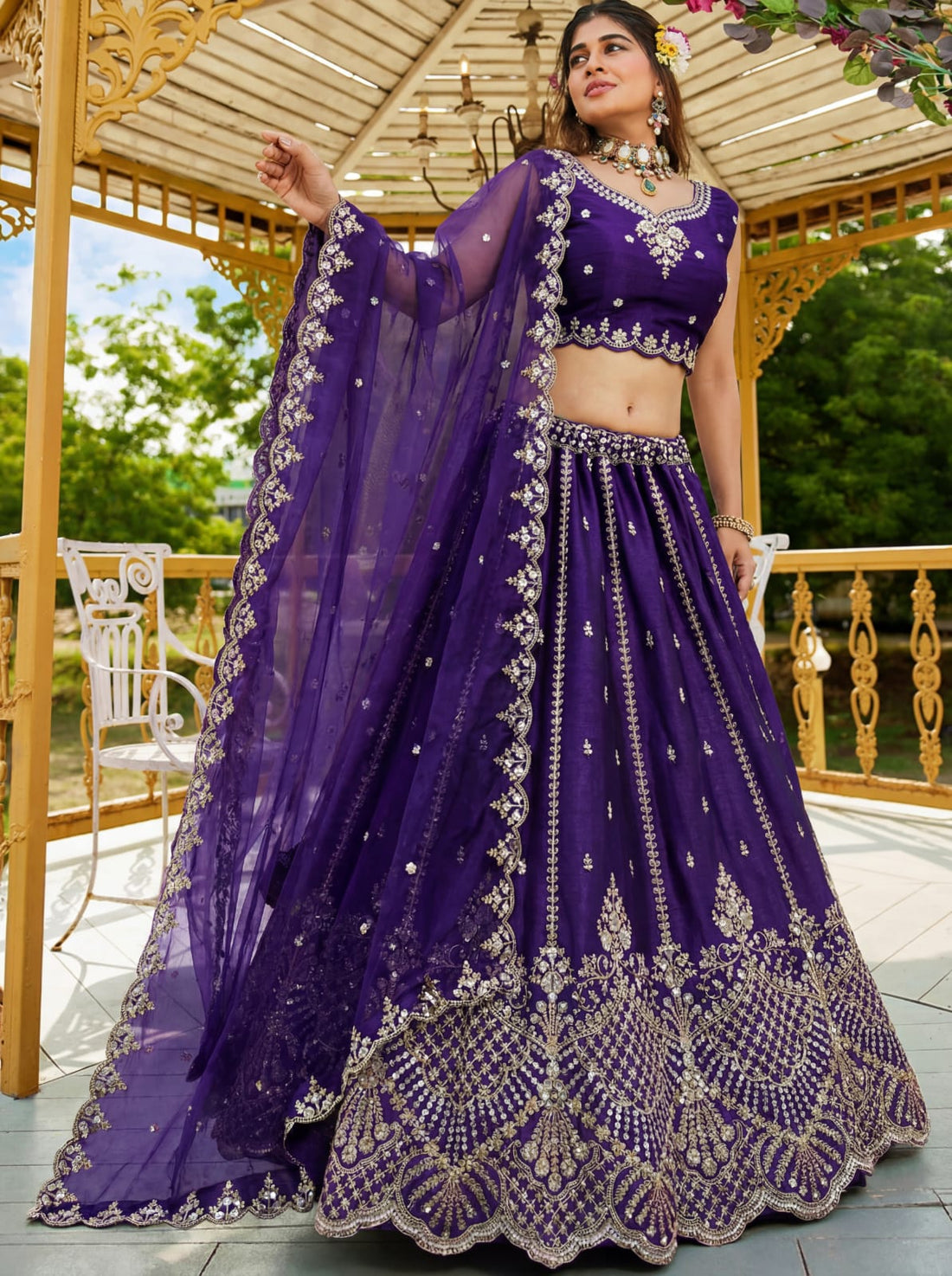 Indigo Pure Soft Net Heavy Embroidery Work Bridal Lehenga 