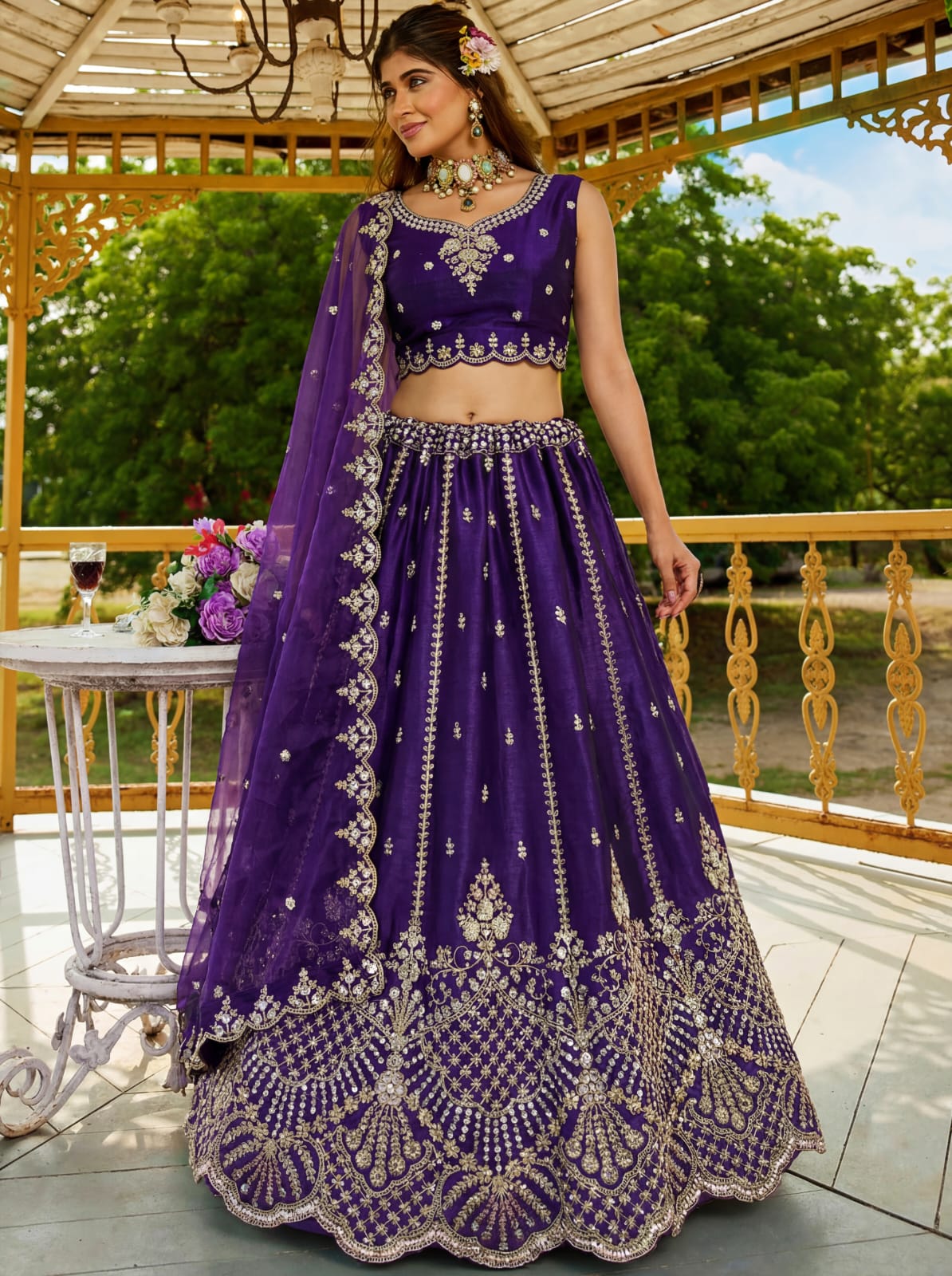 Indigo Pure Soft Net Heavy Embroidery Work Bridal Lehenga 