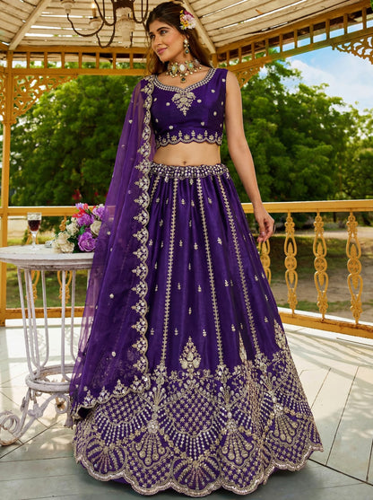 Indigo Pure Soft Net Heavy Embroidery Work Bridal Lehenga 