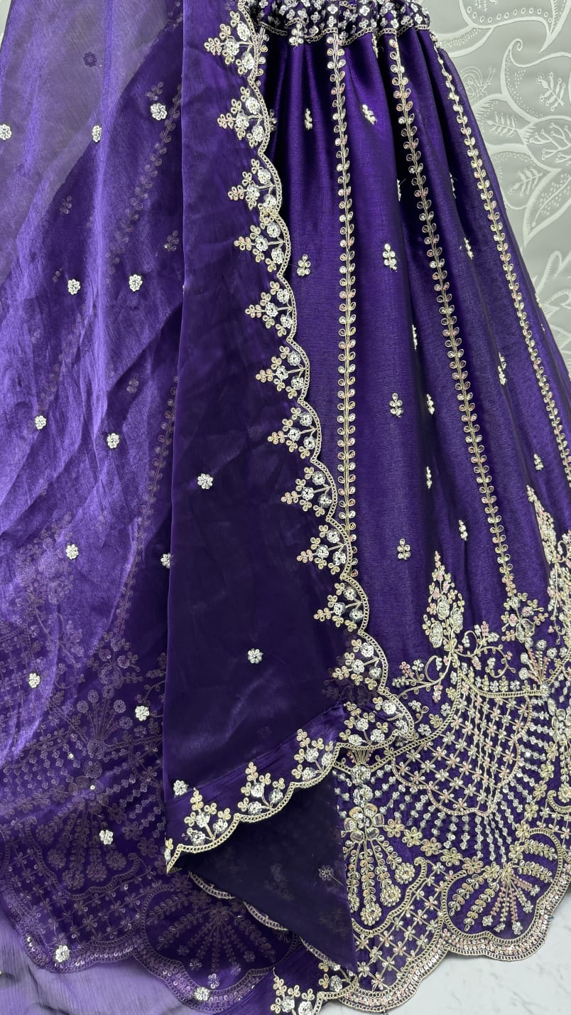 Indigo Pure Soft Net Heavy Embroidery Work Bridal Lehenga 