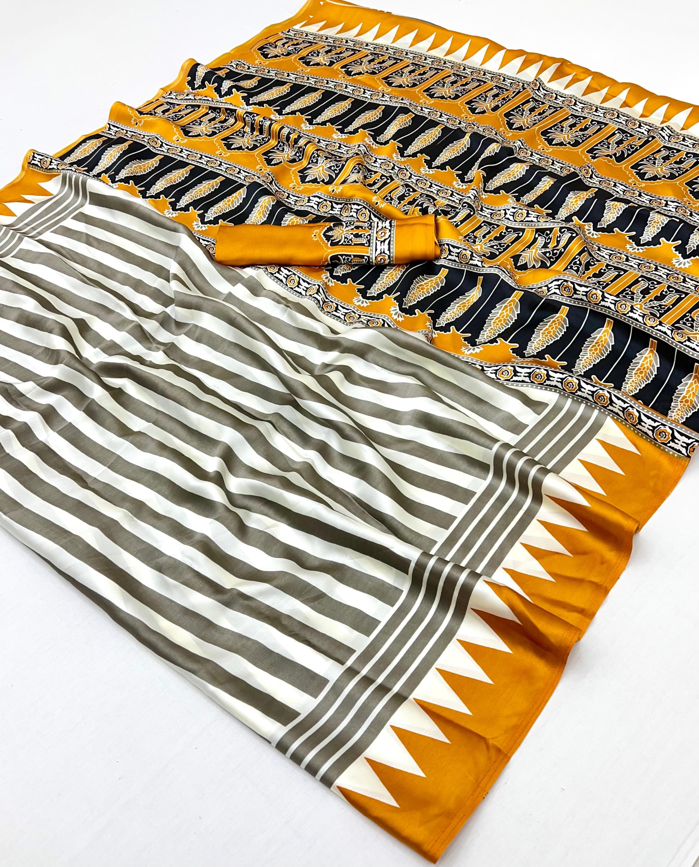 White and Yellow Pure Ajrakh Printed Satin Crepe Silk Saree ##color## Floral Printed Saree with premium fabric and embroidery