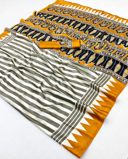 White and Yellow Pure Ajrakh Printed Satin Crepe Silk Saree 