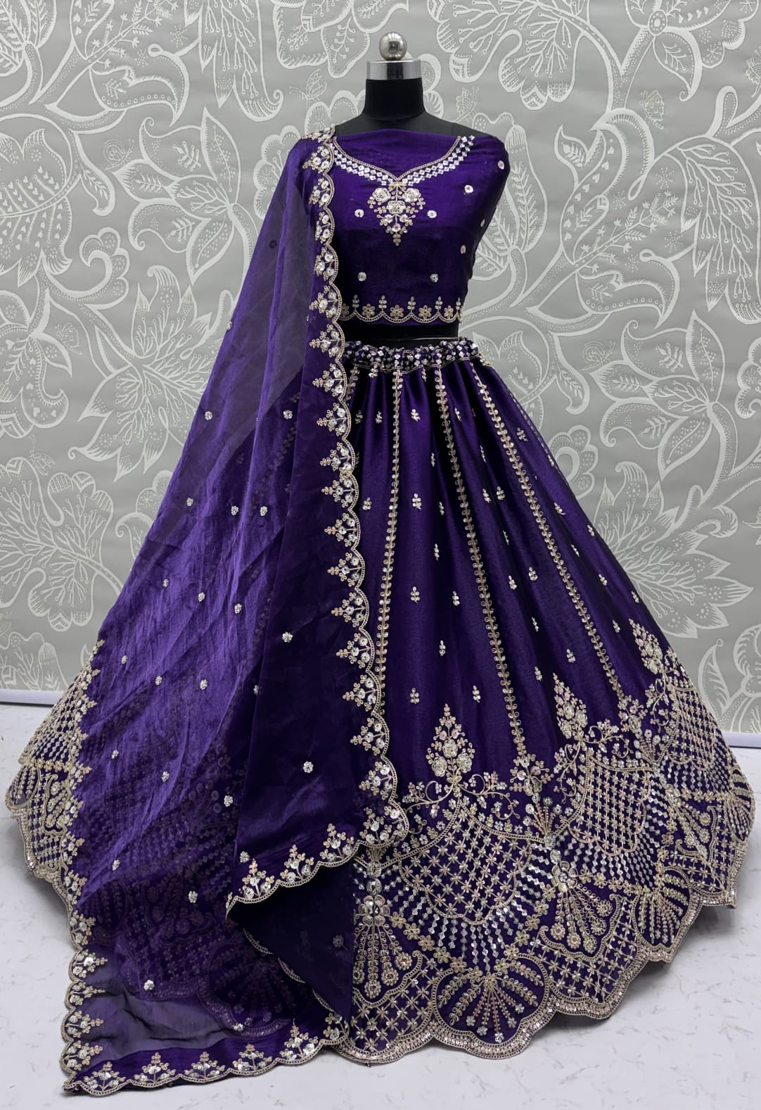 Indigo Pure Soft Net Heavy Embroidery Work Bridal Lehenga 