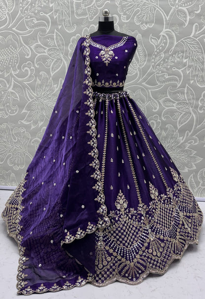 Indigo Pure Soft Net Heavy Embroidery Work Bridal Lehenga 