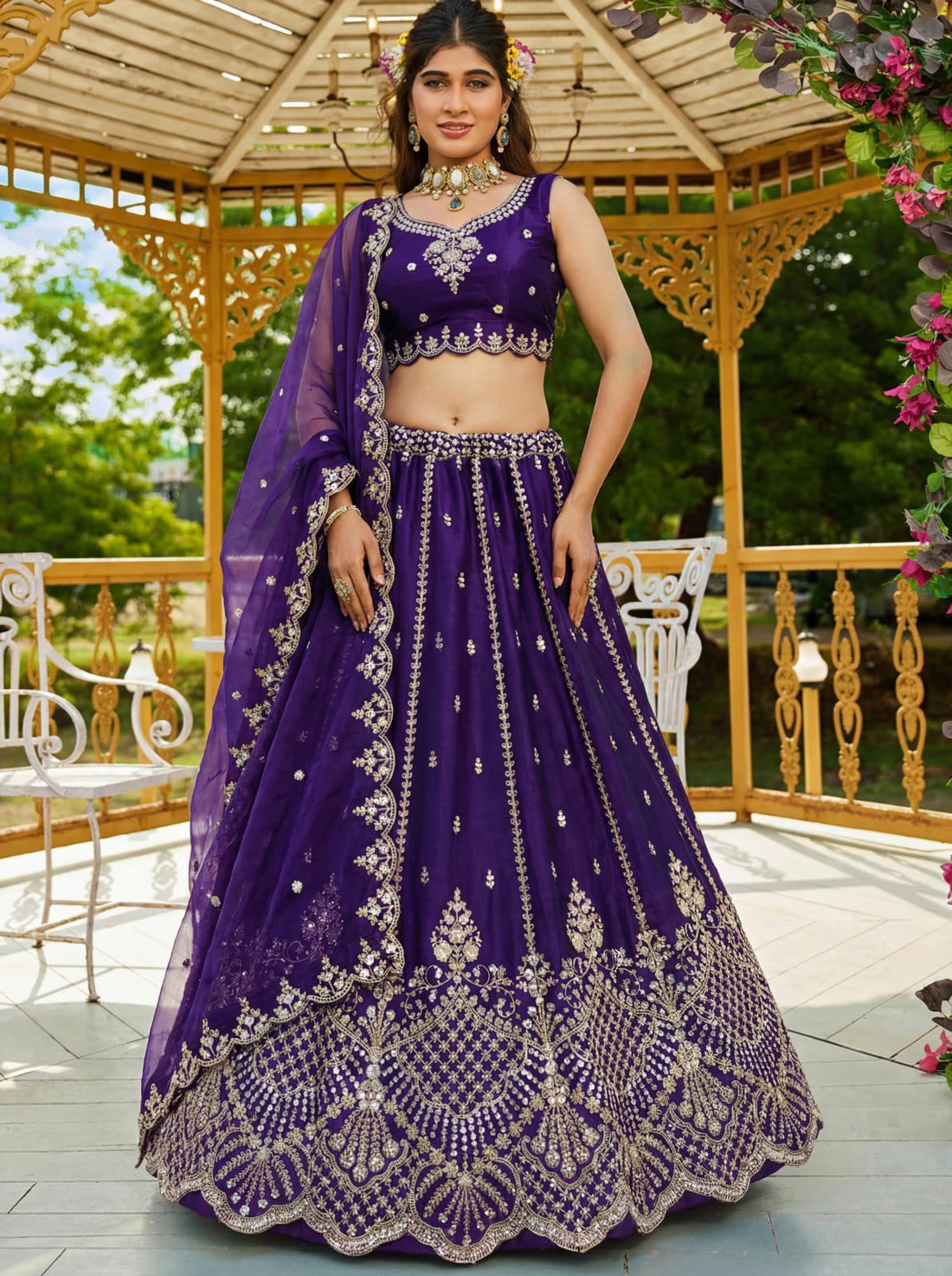 Indigo Pure Soft Net Heavy Embroidery Work Bridal Lehenga 
