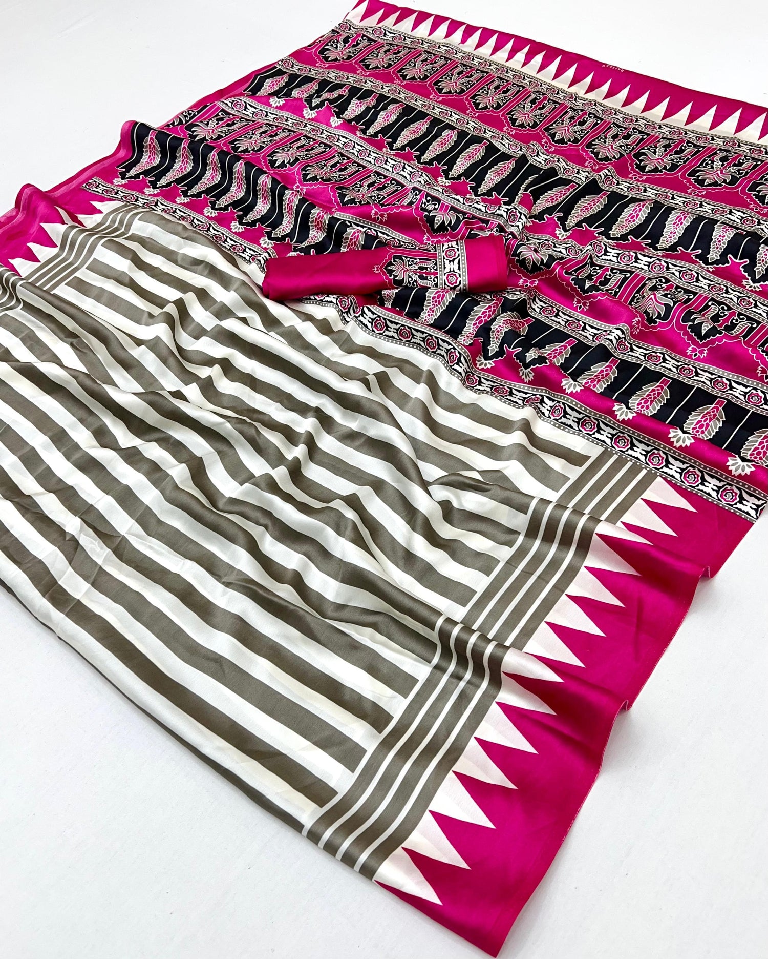 White and Pink Pure Ajrakh Printed Satin Crepe Silk Saree 