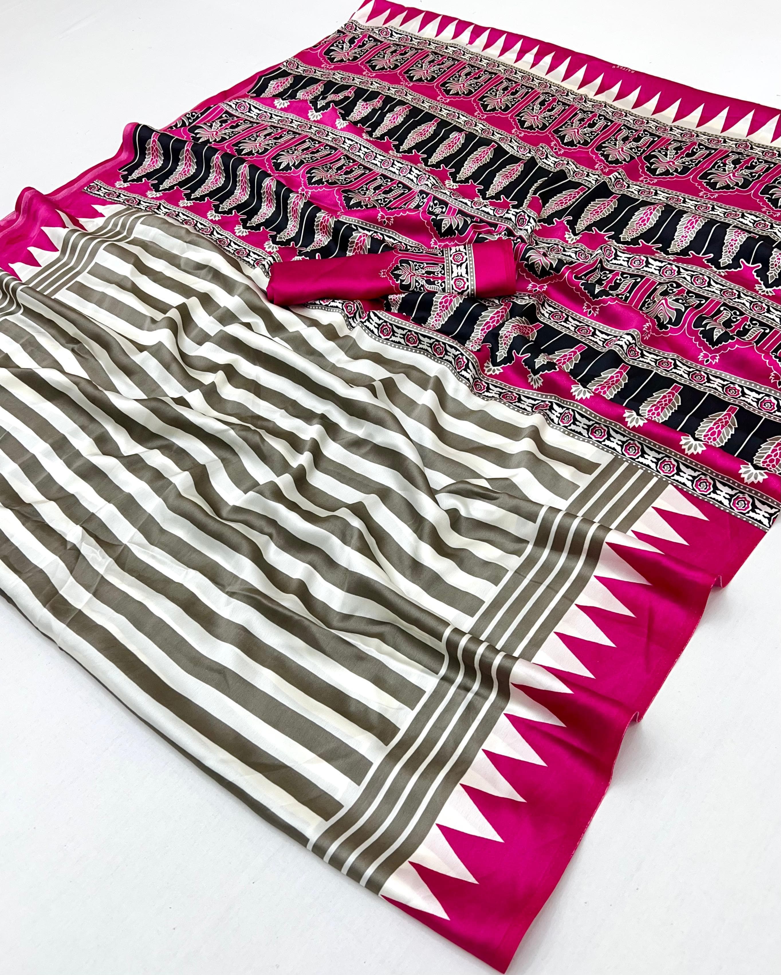 White and Pink Pure Ajrakh Printed Satin Crepe Silk Saree ##color## Floral Printed Saree with premium fabric and embroidery