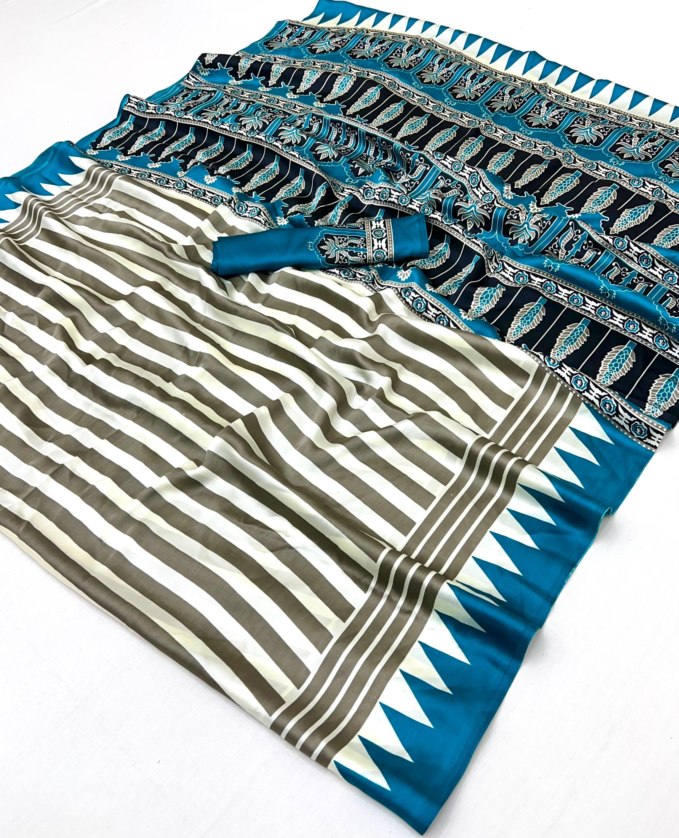 White and Blue Pure Ajrakh Printed Satin Crepe Silk Saree