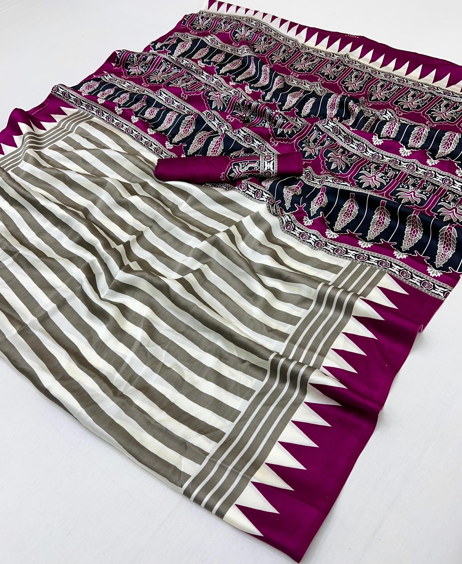 White and Purple Pure Ajrakh Printed Satin Crepe Silk Saree 